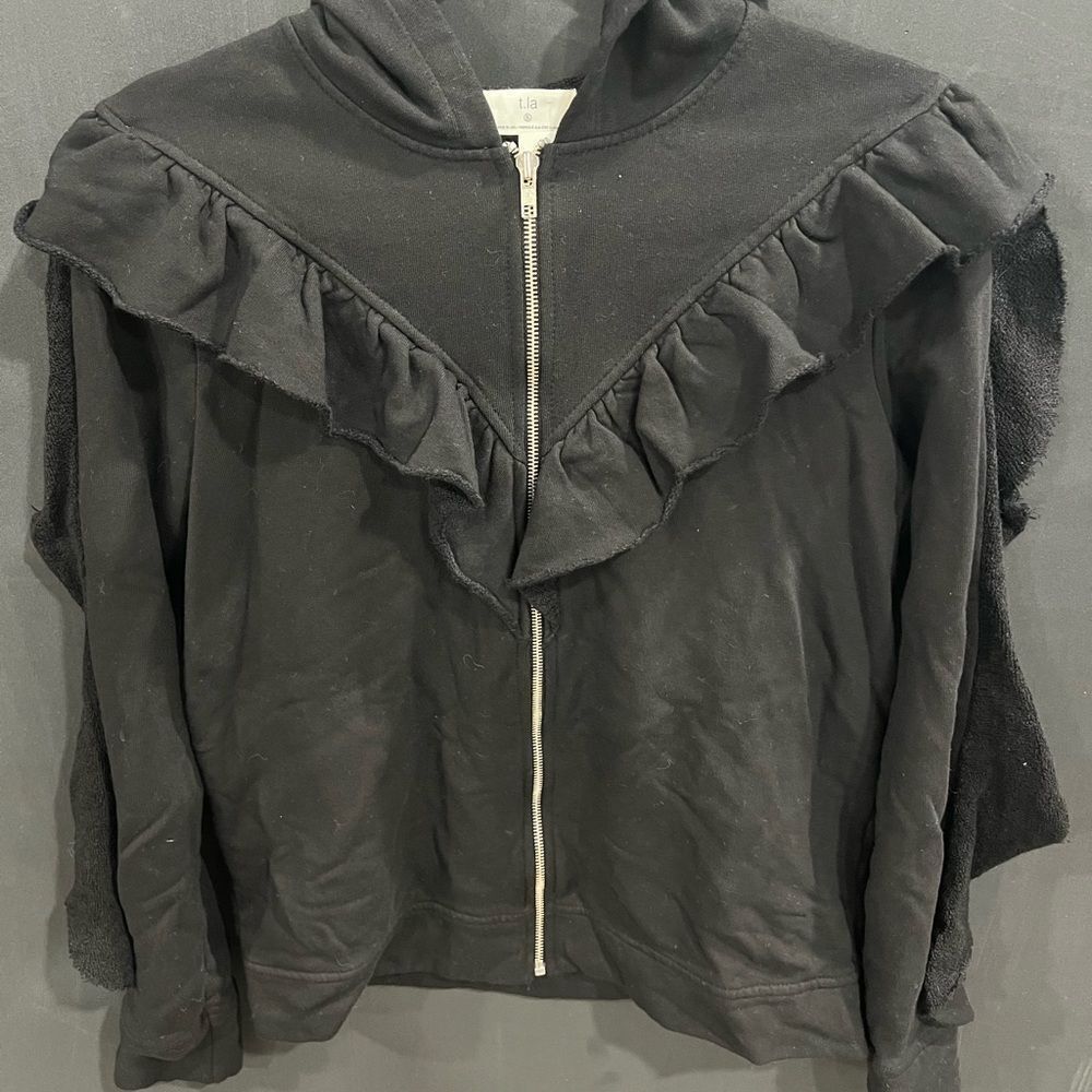 Like new anthro T.La Black Ruffle Hoodie with zip - size S